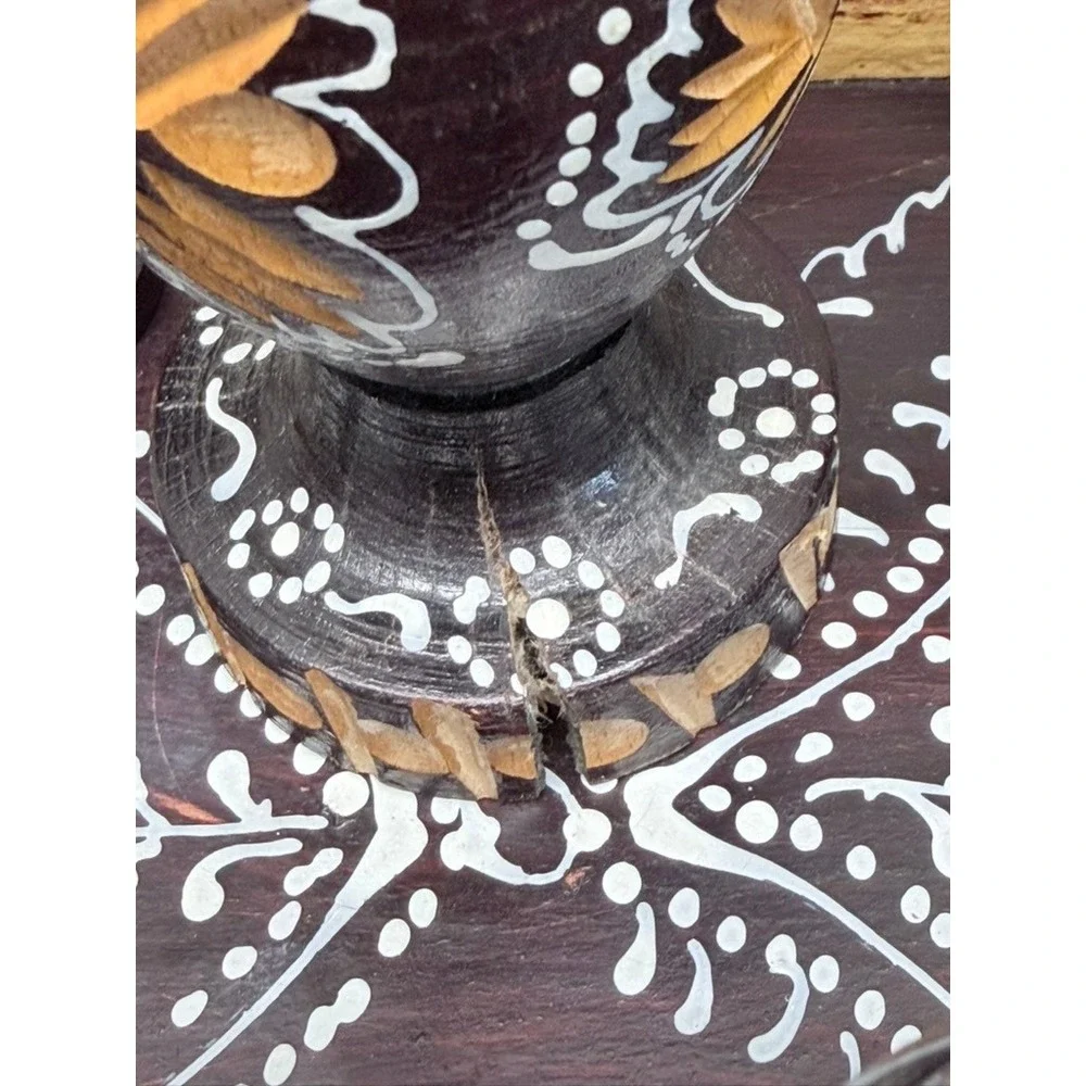 Vintage Hand Painted Carved Wood Decanter Set Tray 6 Goblets‎ Folk Art Barware